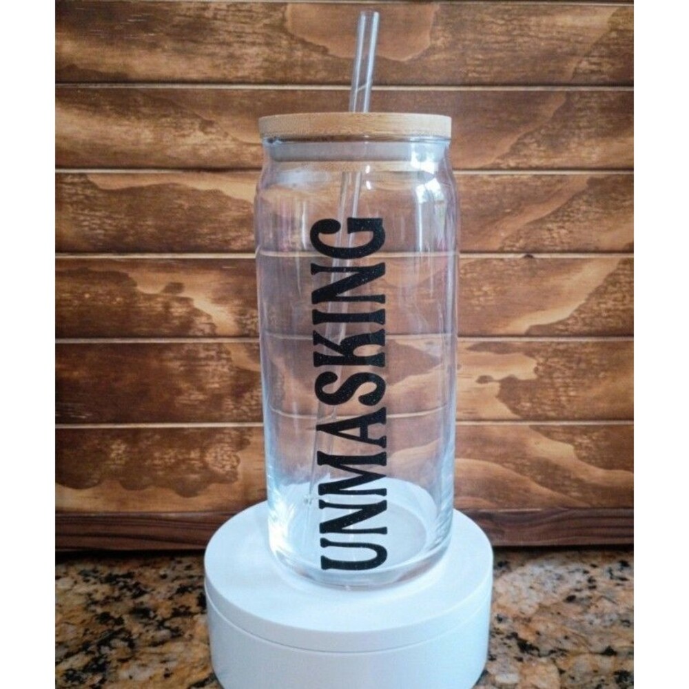 Unmasking 20oz Glass can Cup Neurodivergent ADHD Autism ASD bamboo lid reusable
